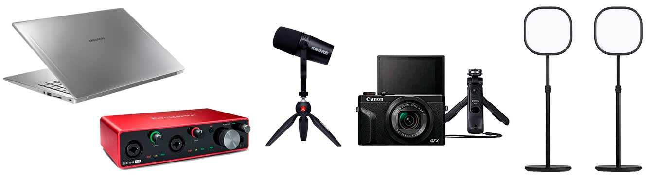 Materiales LIDUVa: ordenador portátil, micrófono, interfaz de audio, cámara y focos.